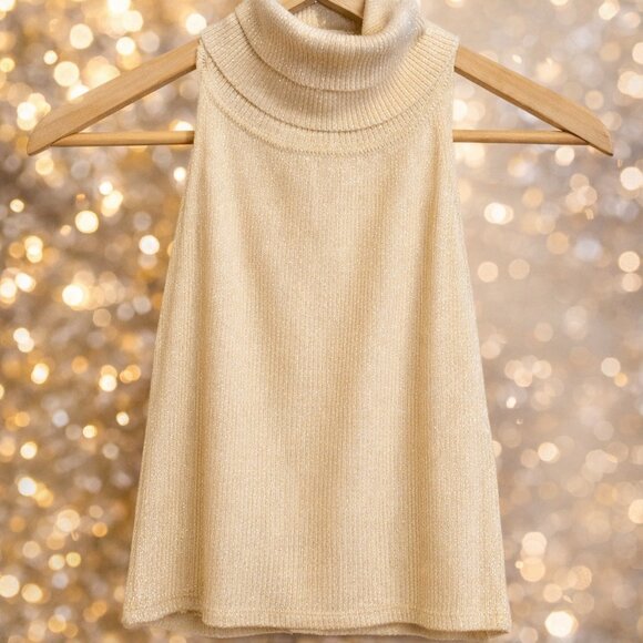 GAP Stretch Gold Shimmer Open Back Turtleneck Top XL - Picture 4 of 12